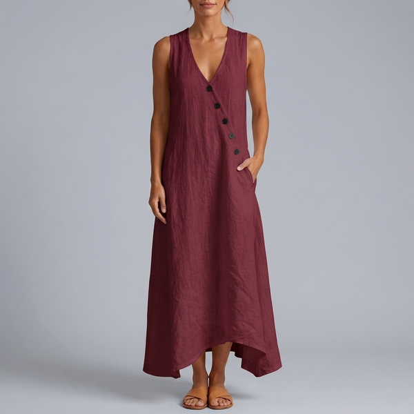 Women's Dress | Maxi V-Neck Sleeveless Button Front Burgundy front view