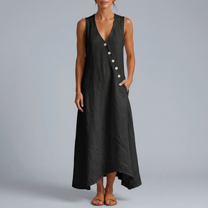 Women's Dress | Maxi V-Neck Sleeveless Button Front Black front view