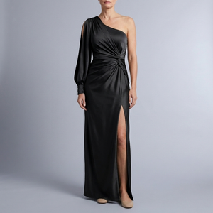 Women's Formal Dress | Maxi One Shoulder Ruched Black front view