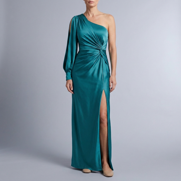 Women's Formal Dress | Maxi One Shoulder Ruched Turquoise front view