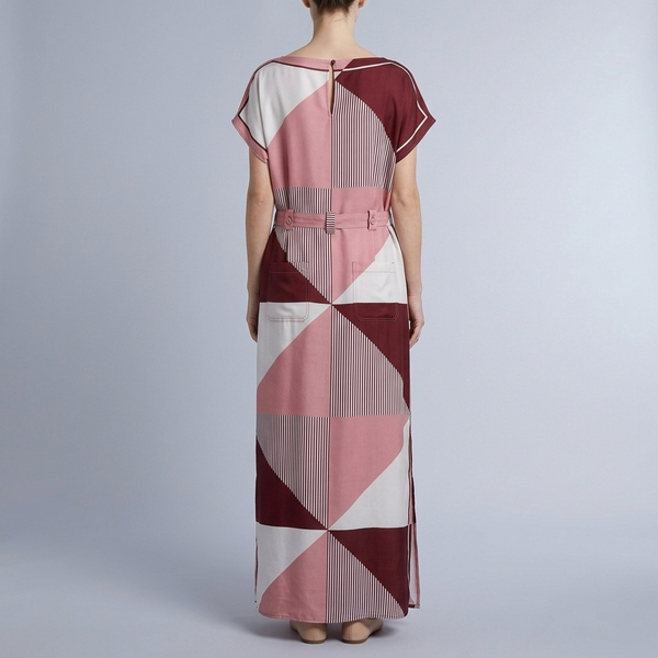 Women's Formal Dress | Maxi Geometric Print Satin Headscarf Set #01 back view
