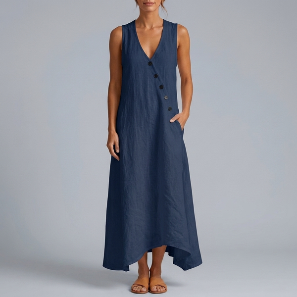 Women's Dress | Maxi V-Neck Sleeveless Button Front Navy Blue front view