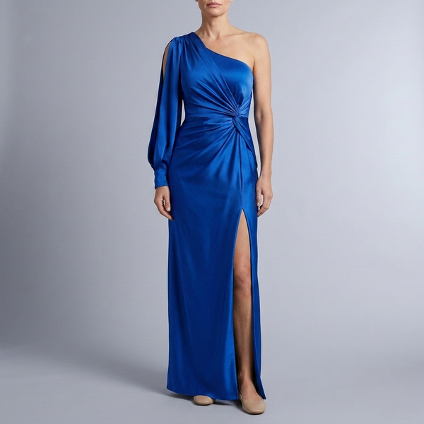 Women's Formal Dress | Maxi One Shoulder Ruched Blue front view