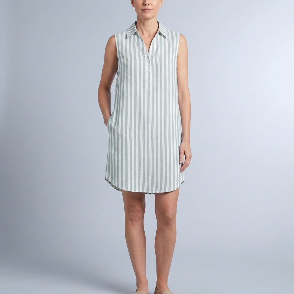 Women's Shirt Dress | Mini Striped Button Front Sleeveless Blue front view