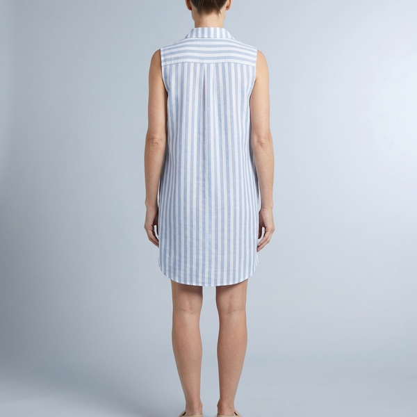 Women's Shirt Dress | Mini Striped Button Front Sleeveless Blue back view