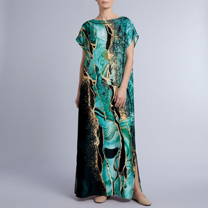 Women's Formal Dress | Maxi Geometric Print Satin Headscarf Set #04 front view