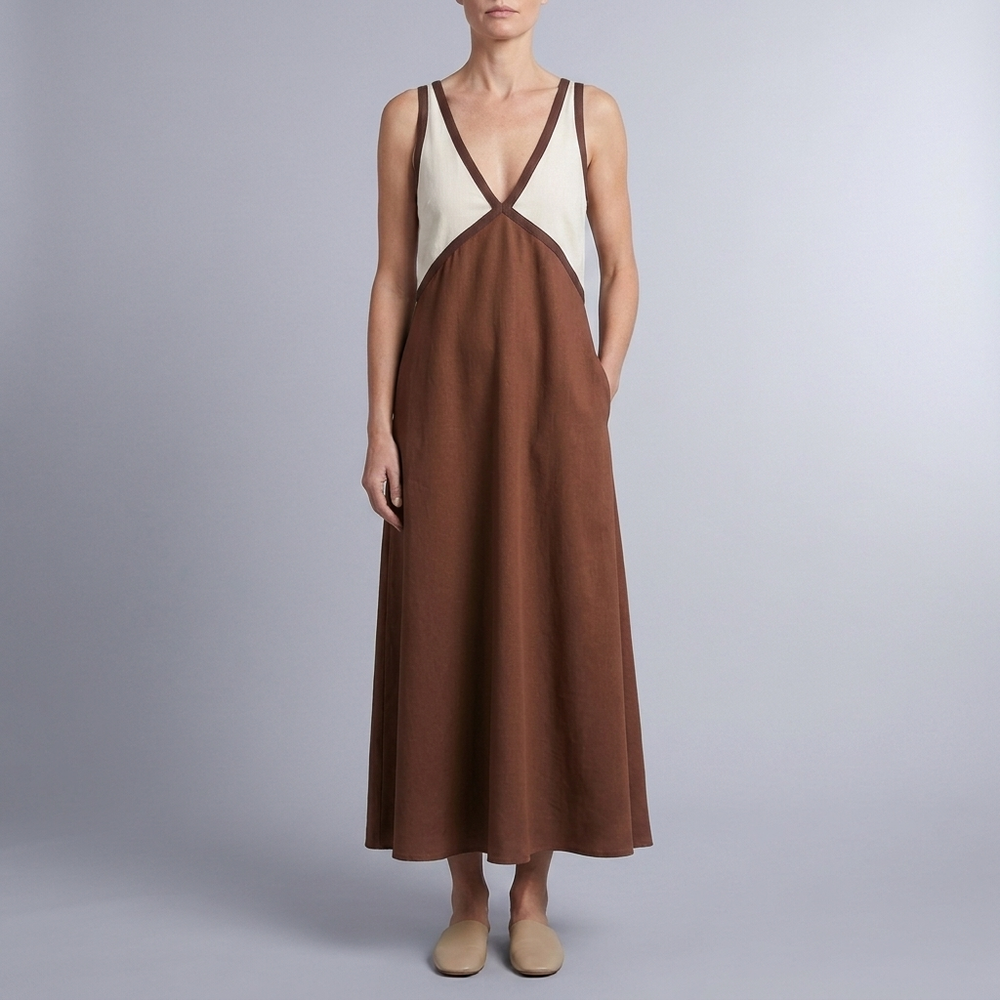 Women's Maxi Dress | Colour-Block V-Neck Green front view