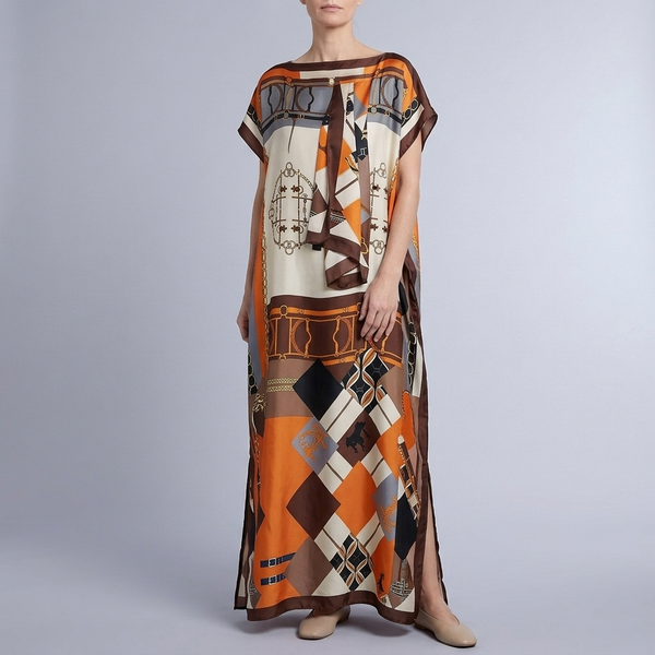 Women's Formal Dress | Maxi Geometric Print Satin Headscarf Set #02 front view