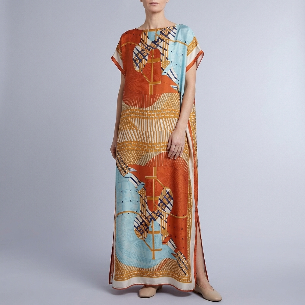 Women's Formal Dress | Maxi Geometric Print Satin Headscarf Set #01 front view