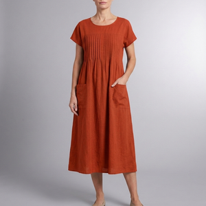 Women's Casual Dress | Midi Pleated Short Sleeve Orange front view