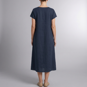 Women's Casual Dress | Midi Pleated Short Sleeve Blue back view