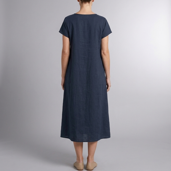 Women's Casual Dress | Midi Pleated Short Sleeve Blue back view