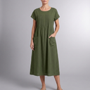 Women's Casual Dress | Midi Pleated Short Sleeve Green front view