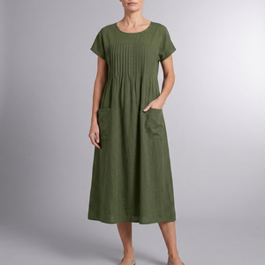 Women's Casual Dress | Midi Pleated Short Sleeve Green front view