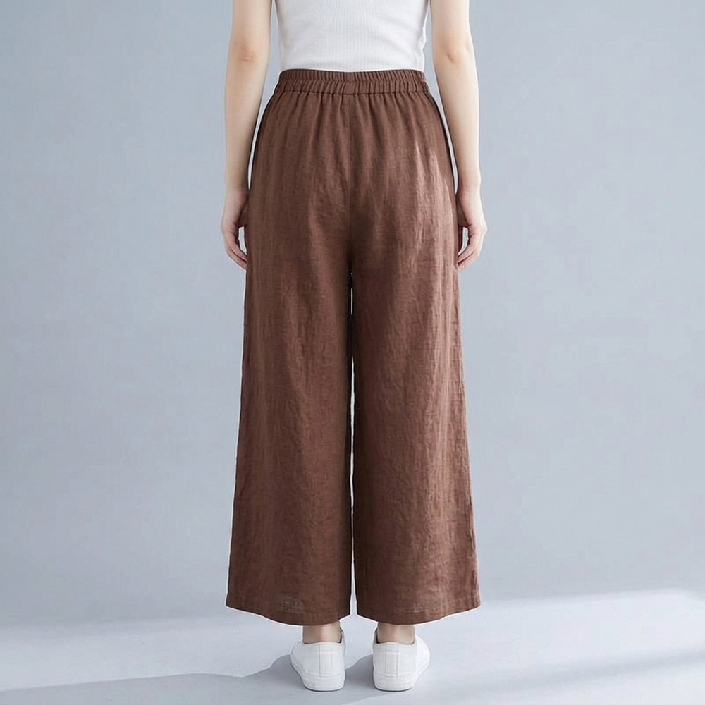 Women's Linen Pants | Wide Leg Cropped Elastic Waist Brown front view