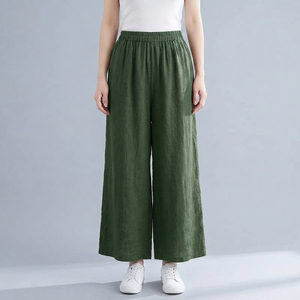 Women's Linen Pants | Wide Leg Cropped Elastic Waist Green front view