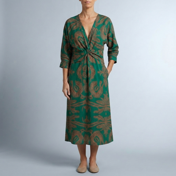 Women's Cocktail Dress | Midi Wrap Twist Deep V-Neck Green front view