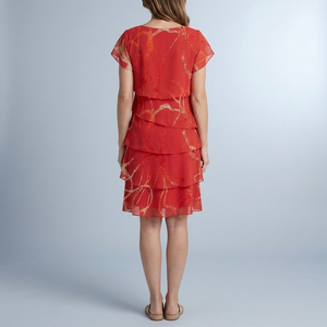 Women's Red Dress | Midi Tiered Abstract Short Sleeve Red back view
