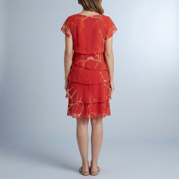 Women's Red Dress | Midi Tiered Abstract Short Sleeve Red back view