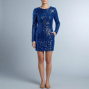 Women's Cocktail Dress | Mini Sequin Open Back Long Sleeve Blue front view