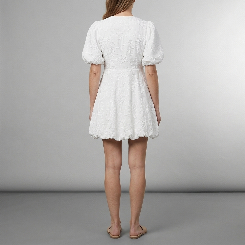 Women's White Dress | Mini Puff Sleeve Floral Embroidery White front view