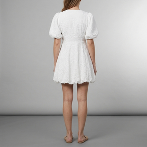 Women's White Dress | Mini Puff Sleeve Floral Embroidery White back view