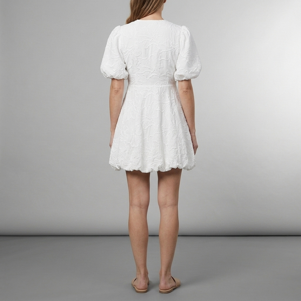 Women's White Dress | Mini Puff Sleeve Floral Embroidery White back view
