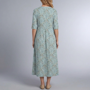 Women's Wedding Guest Dress | Midi Floral V-Neck Button Front Blue back view