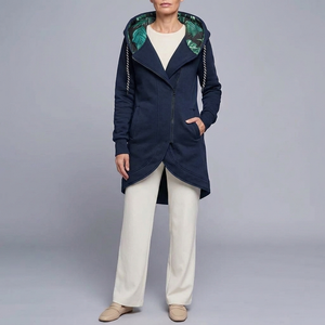 Women's Jacket | Hooded Longline Zip-Up Blue front view