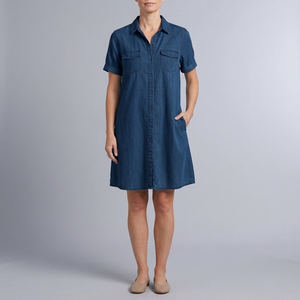Women's Denim Dress | Midi Shirt Style Button Down Short Sleeve Dark Blue front view