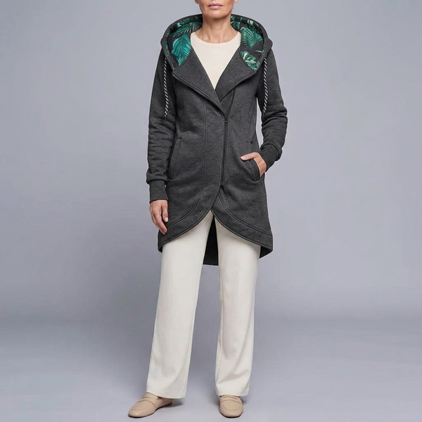 Women's Jacket | Hooded Longline Zip-Up Grey front view