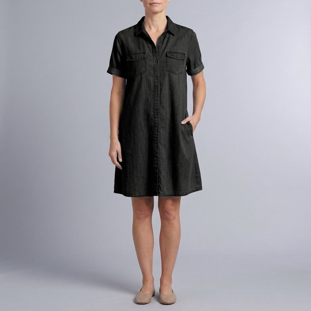 Women's Denim Dress | Midi Shirt Style Button Down Short Sleeve Blue front view