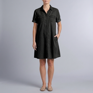 Women's Denim Dress | Midi Shirt Style Button Down Short Sleeve Black front view