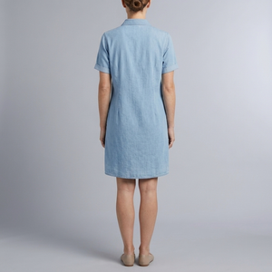 Women's Denim Dress | Midi Shirt Style Button Down Short Sleeve Blue back view