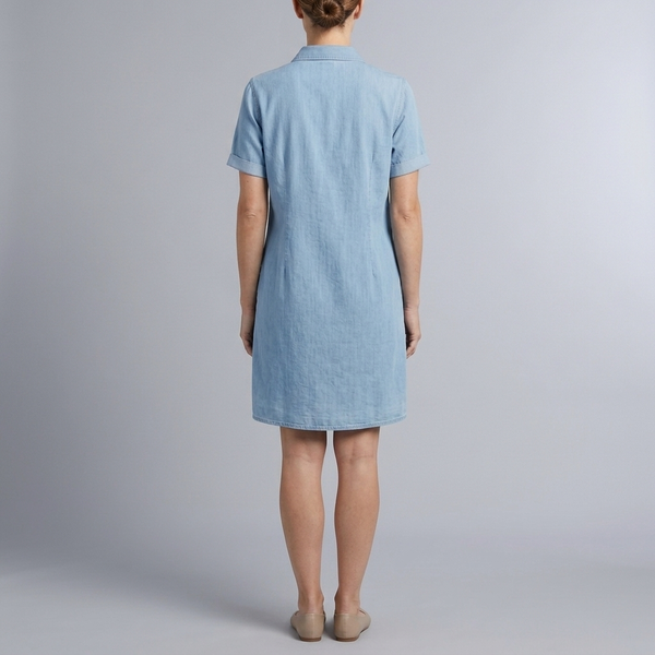 Women's Denim Dress | Midi Shirt Style Button Down Short Sleeve Blue back view