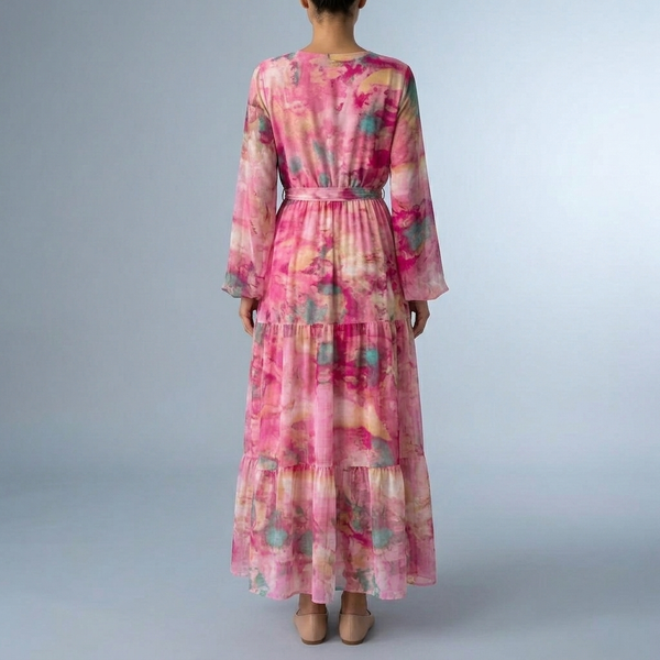 Women's Pink Dress | Maxi Wrap V-Neck Tiered Long Sleeve Pink back view