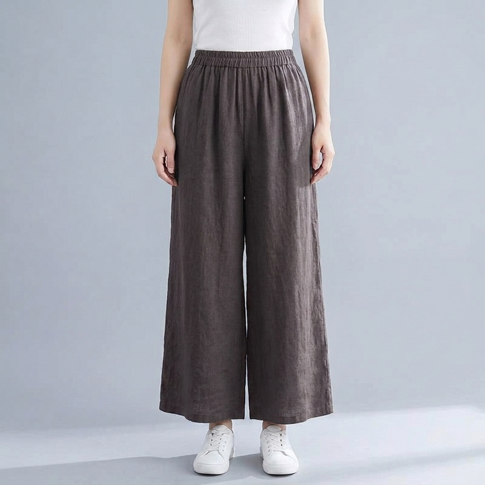 Women's Linen Pants | Wide Leg Cropped Elastic Waist Brown front view