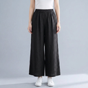 Women's Linen Pants | Wide Leg Cropped Elastic Waist Black front view