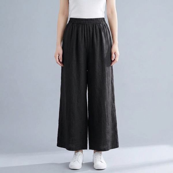 Women's Linen Pants | Wide Leg Cropped Elastic Waist Black front view