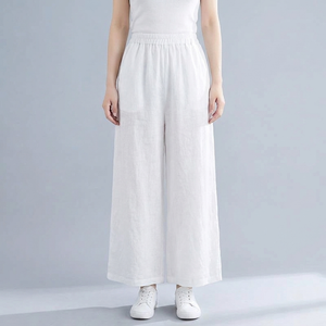 Women's Linen Pants | Wide Leg Cropped Elastic Waist White front view