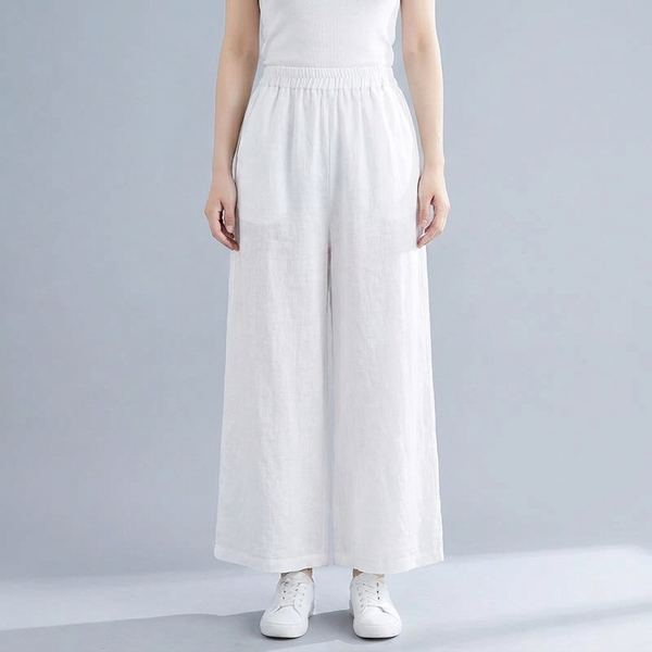 Women's Linen Pants | Wide Leg Cropped Elastic Waist White front view