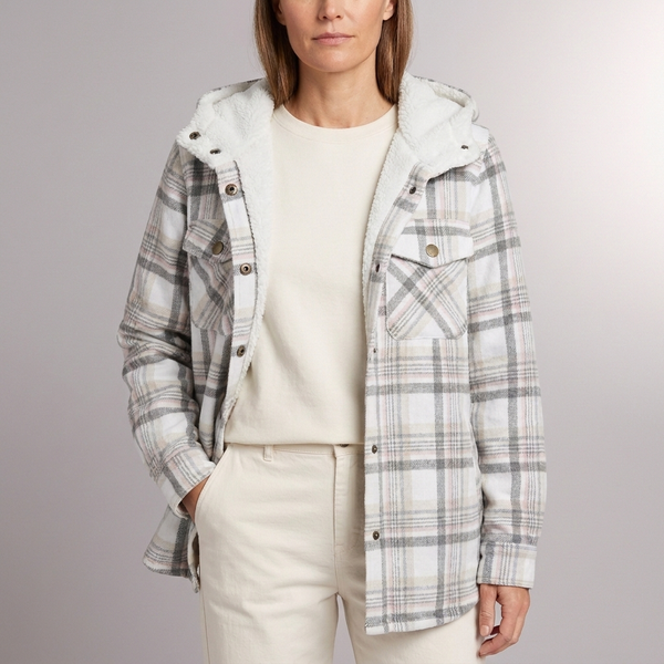 Women's Jacket | Plaid Hooded Fleece Lined Button-Front White front view