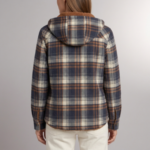 Women's Jacket | Plaid Hooded Fleece Lined Button-Front Blue back view