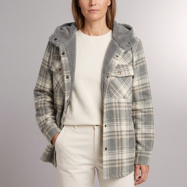 Women's Jacket | Plaid Hooded Fleece Lined Button-Front Grey front view