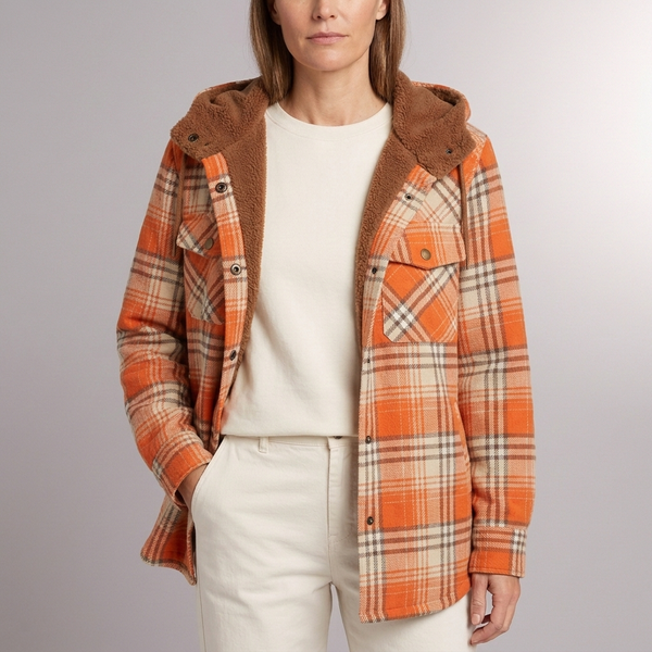 Women's Jacket | Plaid Hooded Fleece Lined Button-Front Orange front view