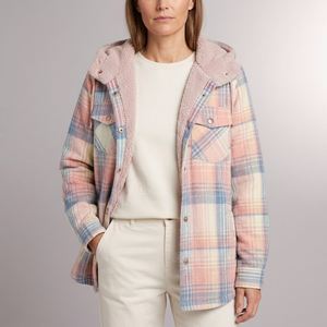 Women's Jacket | Plaid Hooded Fleece Lined Button-Front Pink front view
