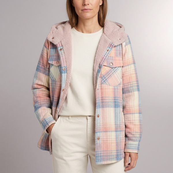 Women's Jacket | Plaid Hooded Fleece Lined Button-Front Pink front view