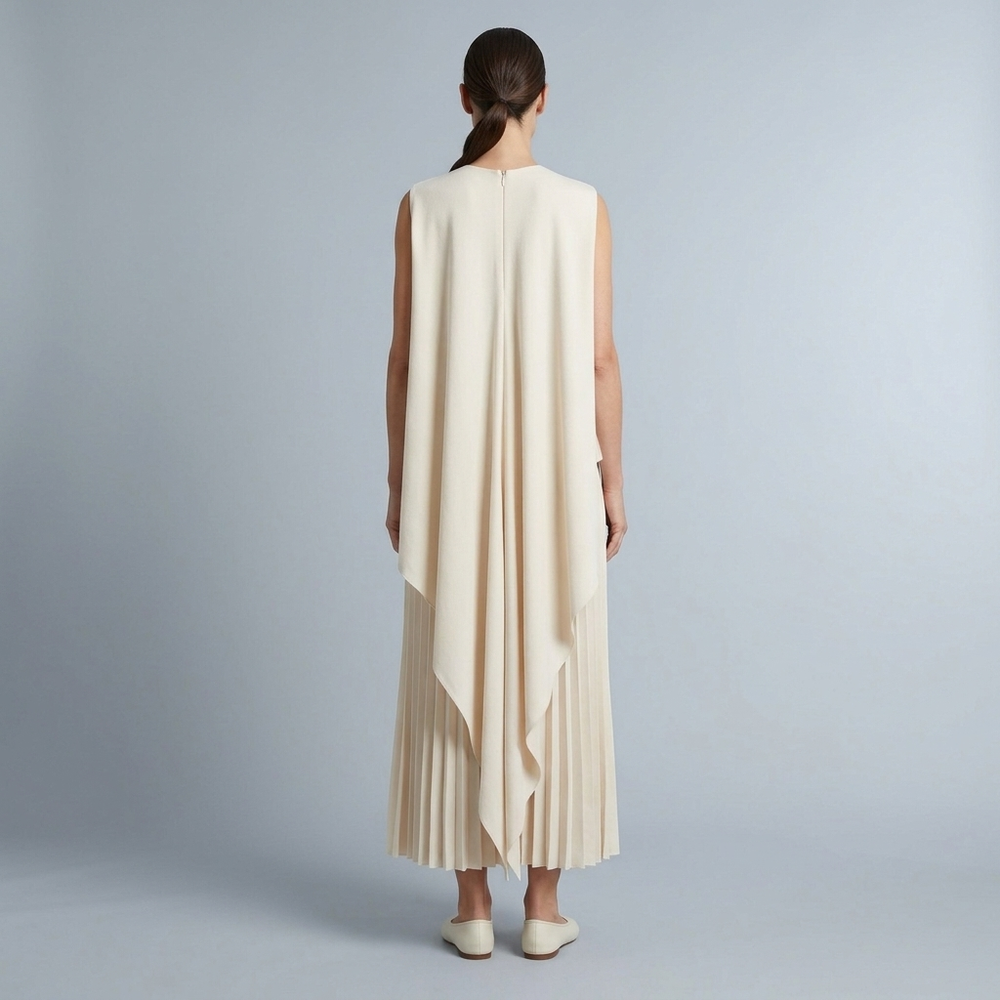 Women's Graduation Dress | Maxi Cape Overlay Pleated Beige front view