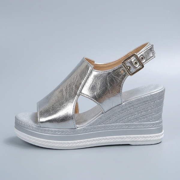 Platform Sandals For Women | Cutout Wedge Slingback Silver side profile view