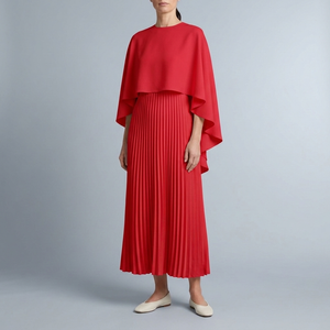 Women's Graduation Dress | Maxi Cape Overlay Pleated Red front view